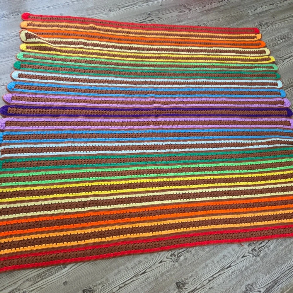 Vintage Handmade Crochet Rainbow Stripe Blanket Brown Scalloped Edge Retro 68x60